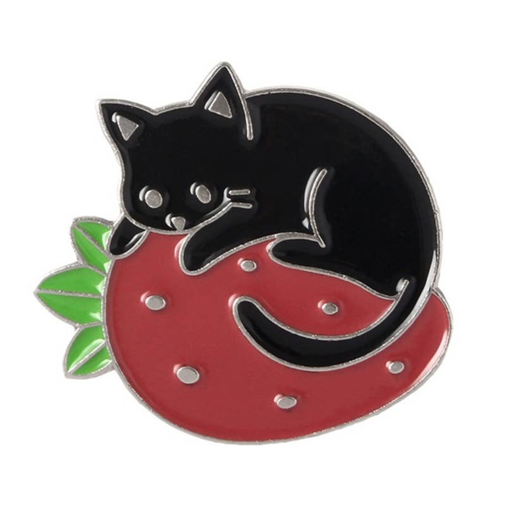 Black Kitten on Red Strawberry Enamel Lapel Pin NWOT